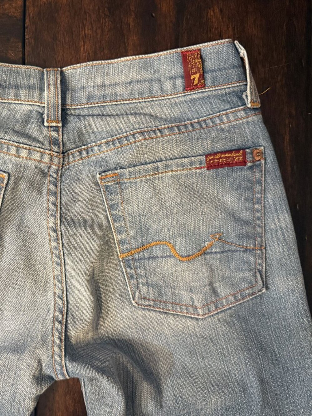 7 For All Mankind Y2K Low Rise Flare Jeans Size 25 Made in USA Squiggle Pocket